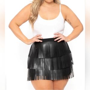 FAUX LEATHER FRINGE MINI SKIRT - BLACK